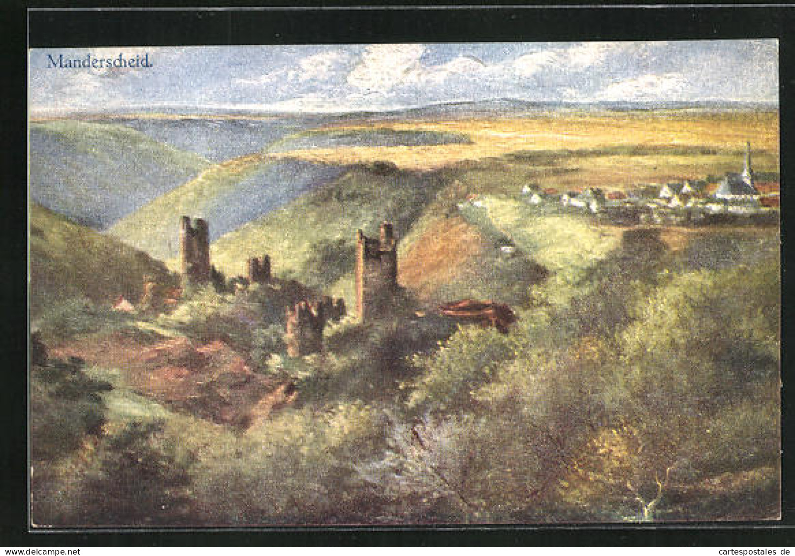 Künstler-AK Manderscheid /Eifel, Burgruine Mit Hügellandschaft  - Manderscheid