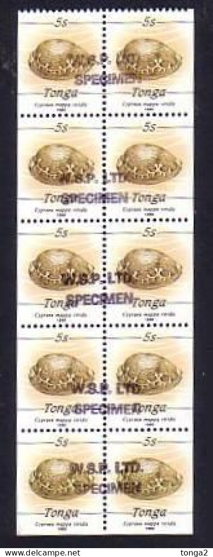 Tonga 1990 5s Shell Booklet Pane With 5 Pairs Hand Stamped Specimen + Imperf Sides & Bottom Of Pane - Read Description - Conchas