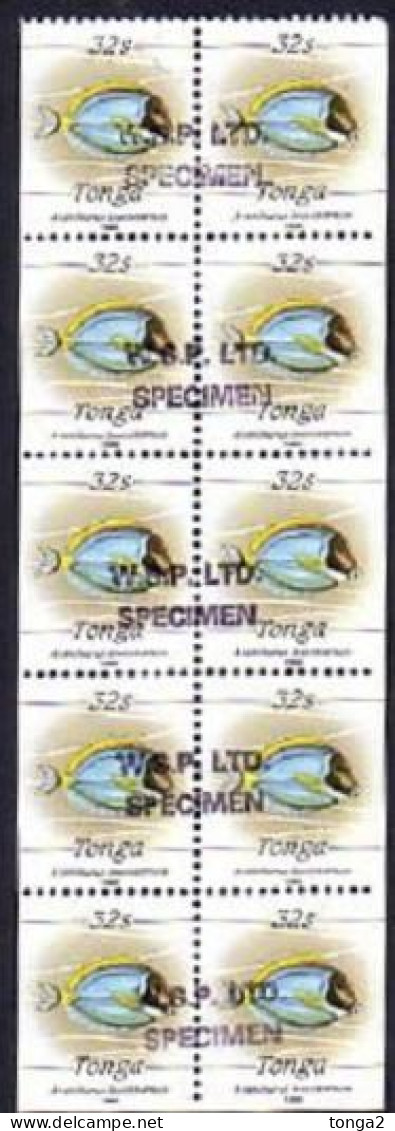 Tonga 1990 32s Fish Booklet Pane With 5 Pairs Hand Stamped Specimen + Imperf Sides & Bottom Of Pane - Read Description - Tonga (1970-...)