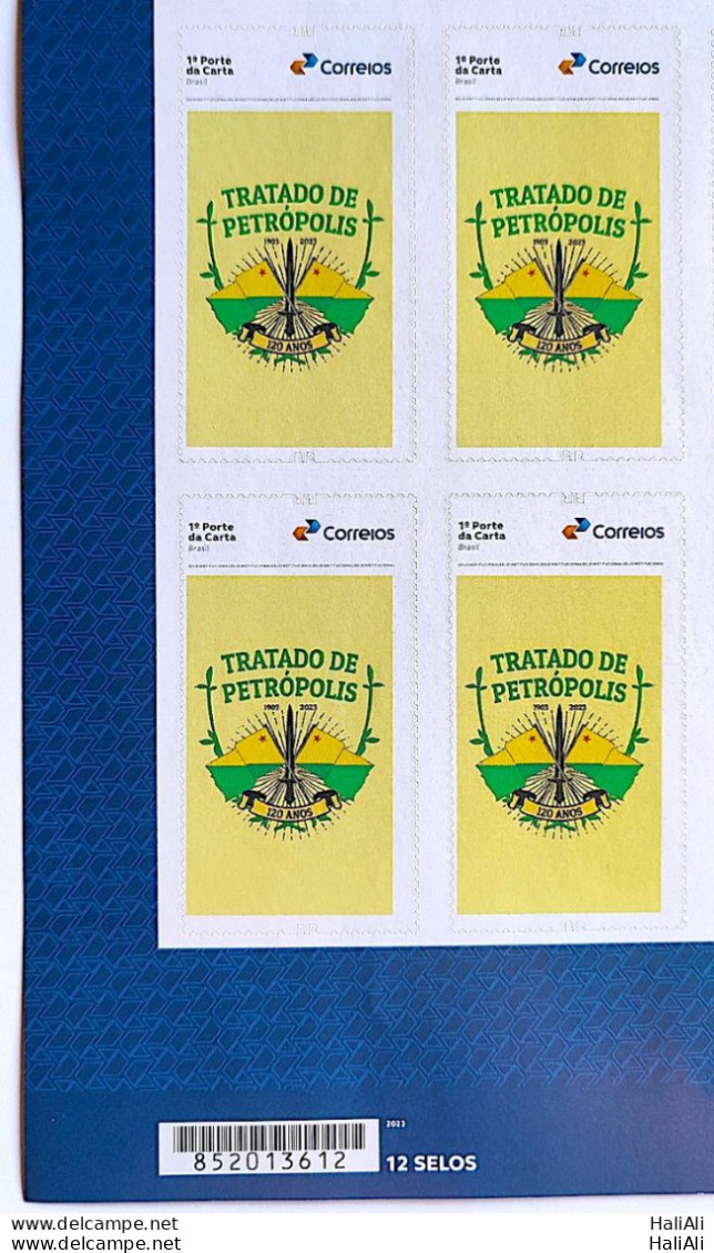 SI 14 Brazil Institutional Stamp Treaty Of Petropolis Bolivia Acre Coat Of Arms Flag 2023 Block Of 4 Bar Code - Sellos Personalizados