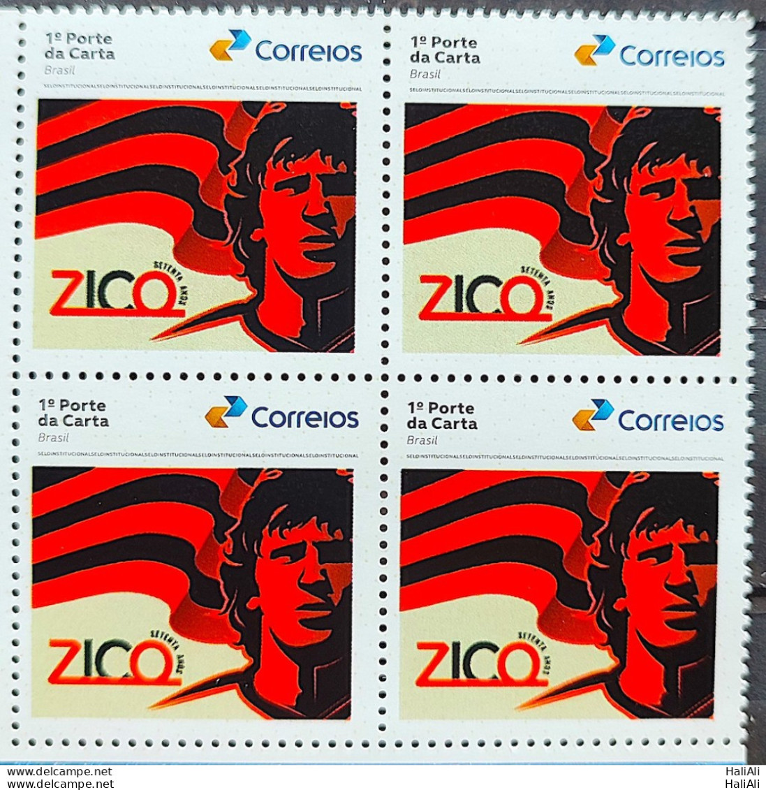 SI 03 Brazil Institutional Stamp Zico 70 Years Flamengo Soccer Football 2023 Block Of 4 - Sellos Personalizados