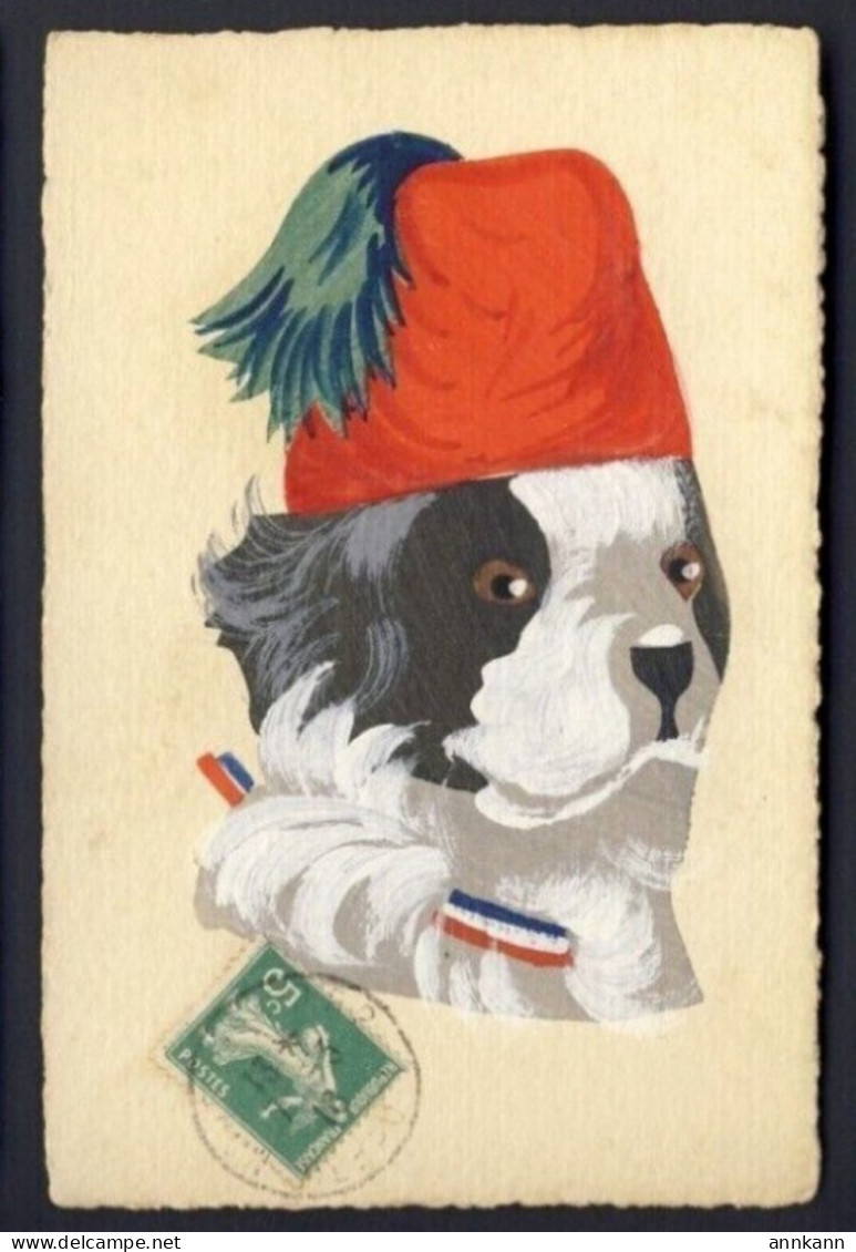 Handmade Watercolor - WWI PATRIOTIC AUX ALLIES DOG Posted 1918 - Weltkrieg 1914-18