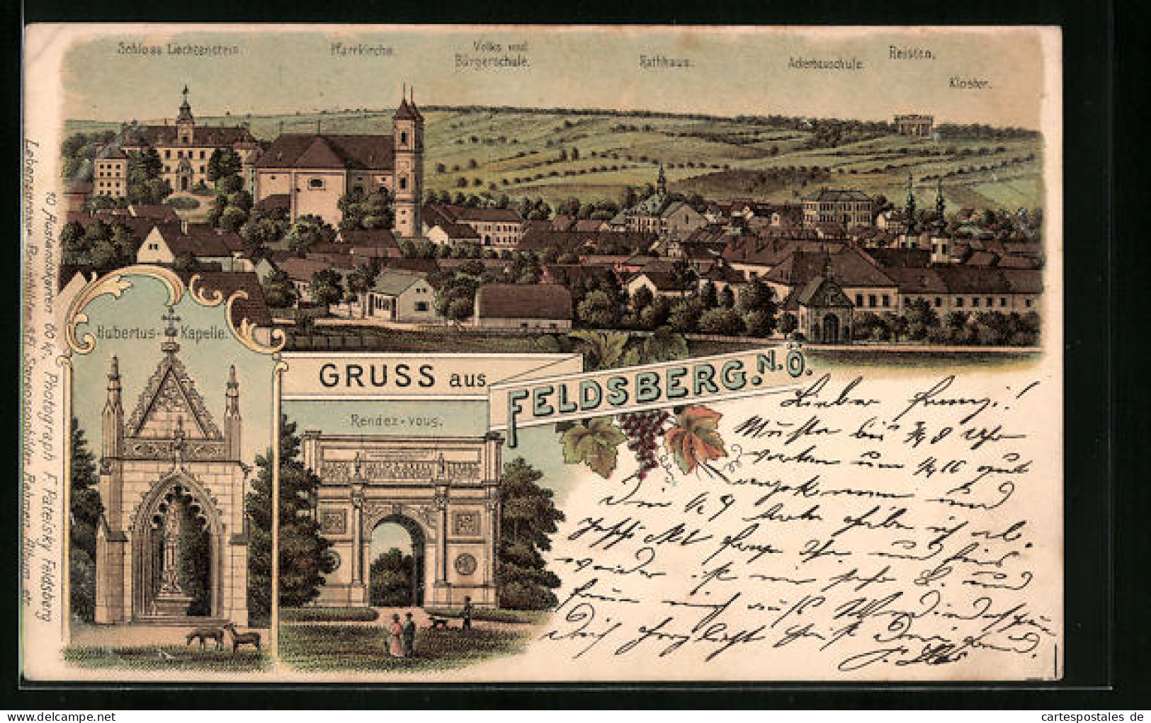 Lithographie Feldsberg, Hubertus-Kapelle, Rendez-Vous, Ortsansicht  - Tschechische Republik