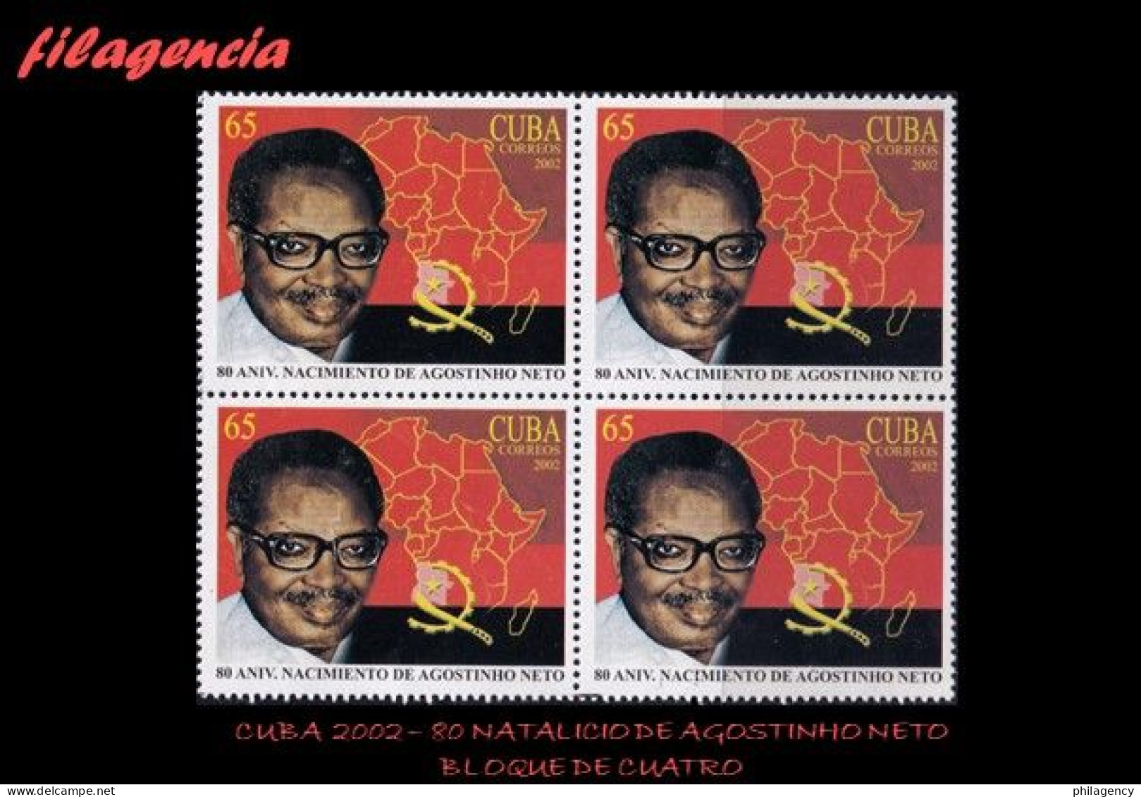 CUBA. BLOQUES DE CUATRO. 2002-14 80 NATALICIO DEL EXPRESIDENTE DE ANGOLA AGOSTINHO NETO - Nuevos