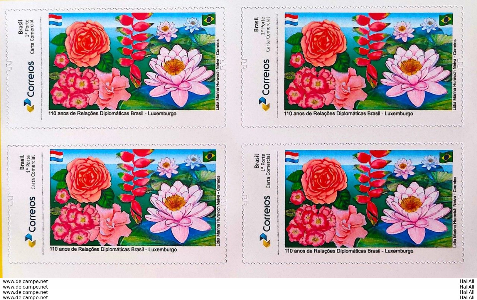 PB 196 Brazil Personalized Stamp Diplomatic Relations Luxembourg Flower Flag 2022 Block Of 4 - Sellos Personalizados