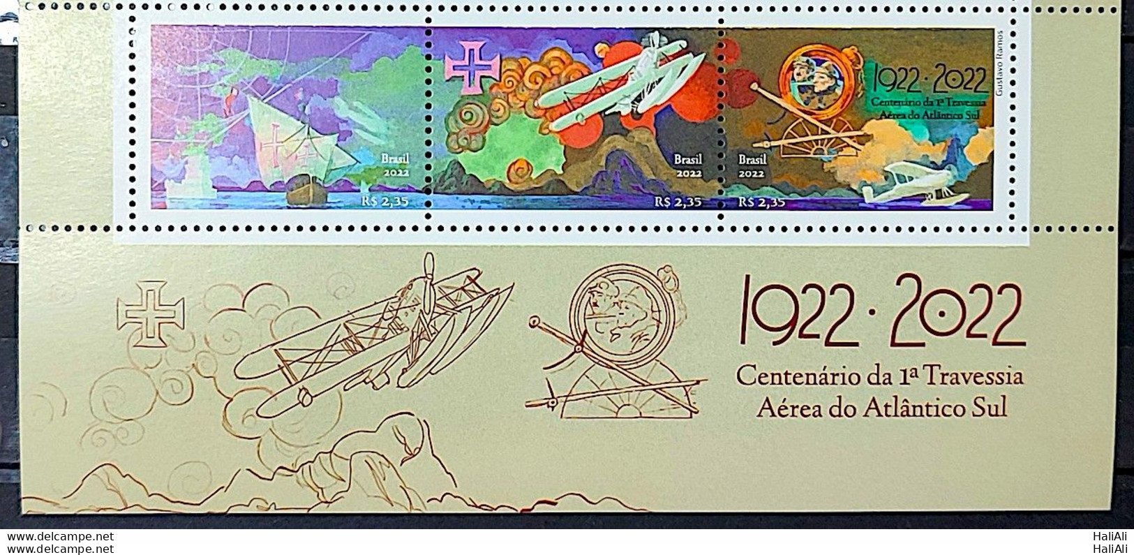 C 4059 Brazil Stamp Centenary Aerial Crossing Of The South Atlantic Airplane Ship Map 2022 Vignette - Ungebraucht