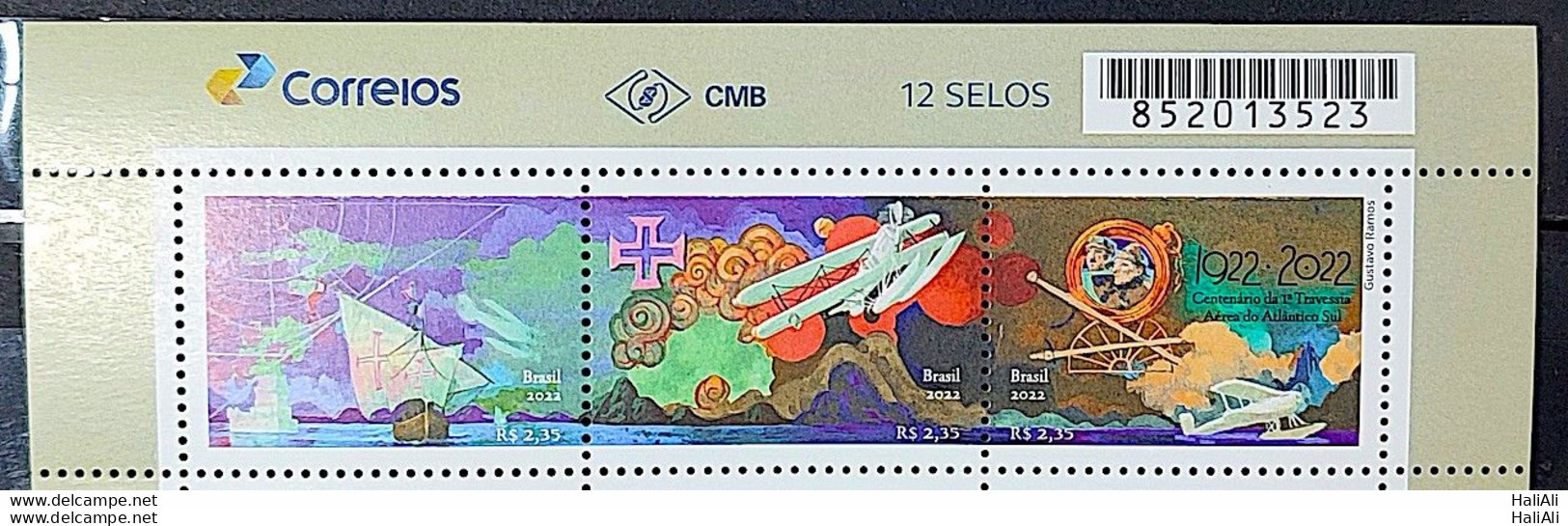 C 4059 Brazil Stamp Centenary Aerial Crossing Of The South Atlantic Airplane Ship Map 2022 Vignette Correios Barcode - Ungebraucht