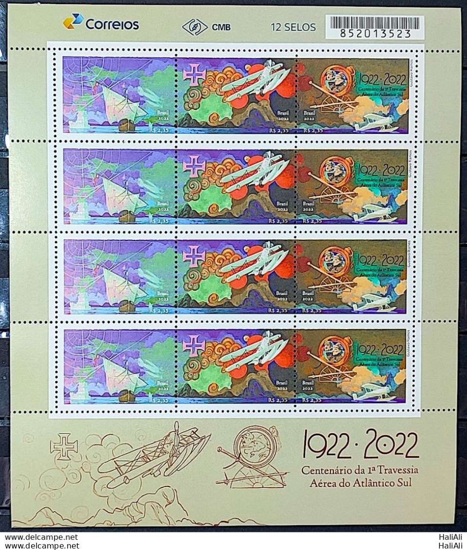 C 4059 Brazil Stamp Centenary Aerial Crossing Of The South Atlantic Airplane Ship Map 2022 Sheet - Ungebraucht