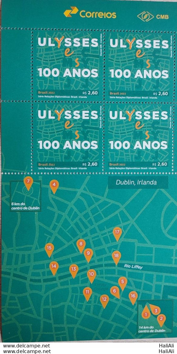 C 4053 Brazil Stamp Diplomatic Relations Brazil Ireland Literature Ulysses James Joyce 2022 Block Of 4 Vignette Map - Nuovi