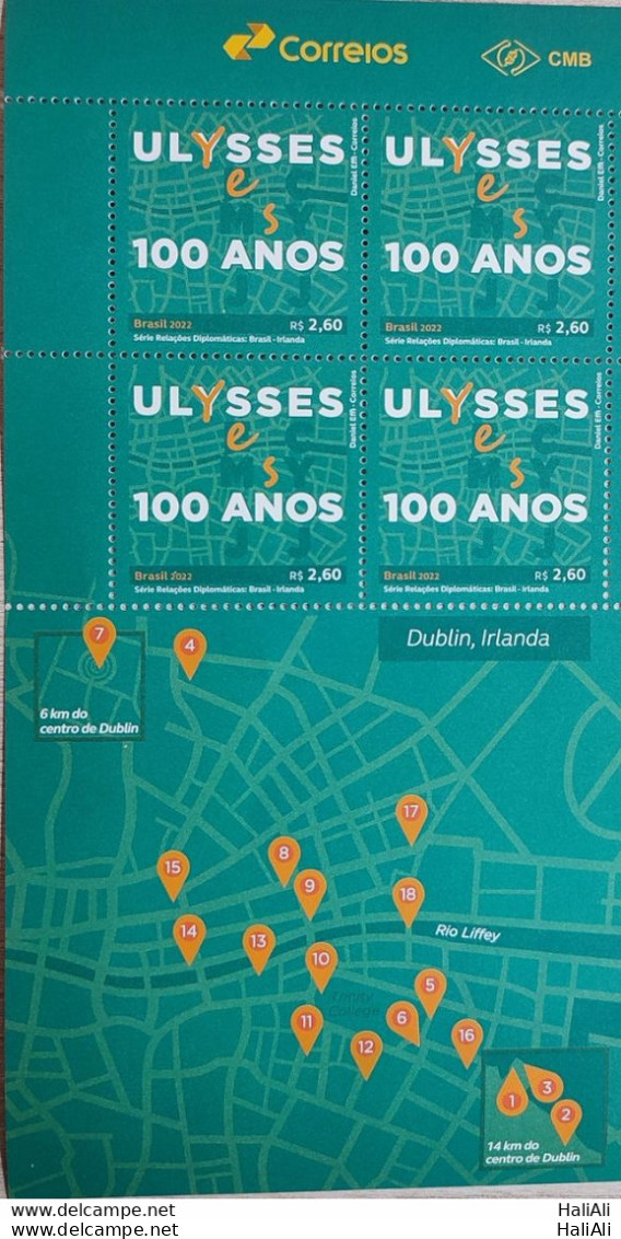C 4053 Brazil Stamp Diplomatic Relations Brazil Ireland Literature Ulysses James Joyce 2022 Block Of 4 Vignette Map - Ungebraucht