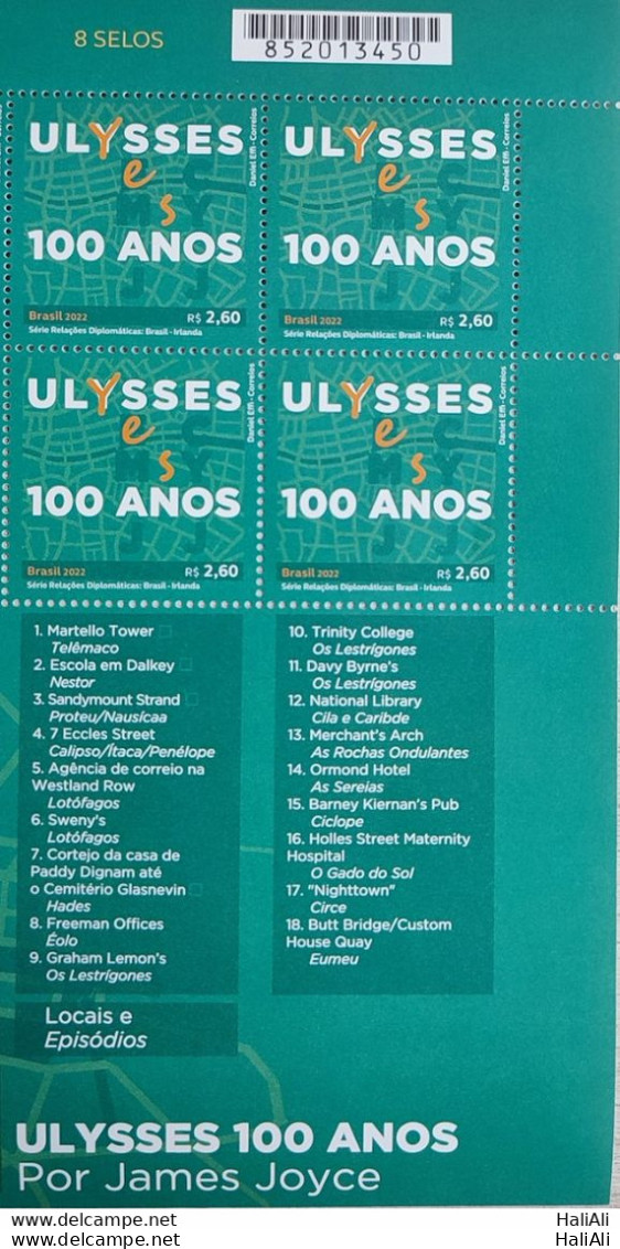 C 4054 Brazil Stamp Diplomatic Relations Brazil Ireland Literature Ulysses James Joyce 2022 Block Of 4 Vignette Places - Nuovi