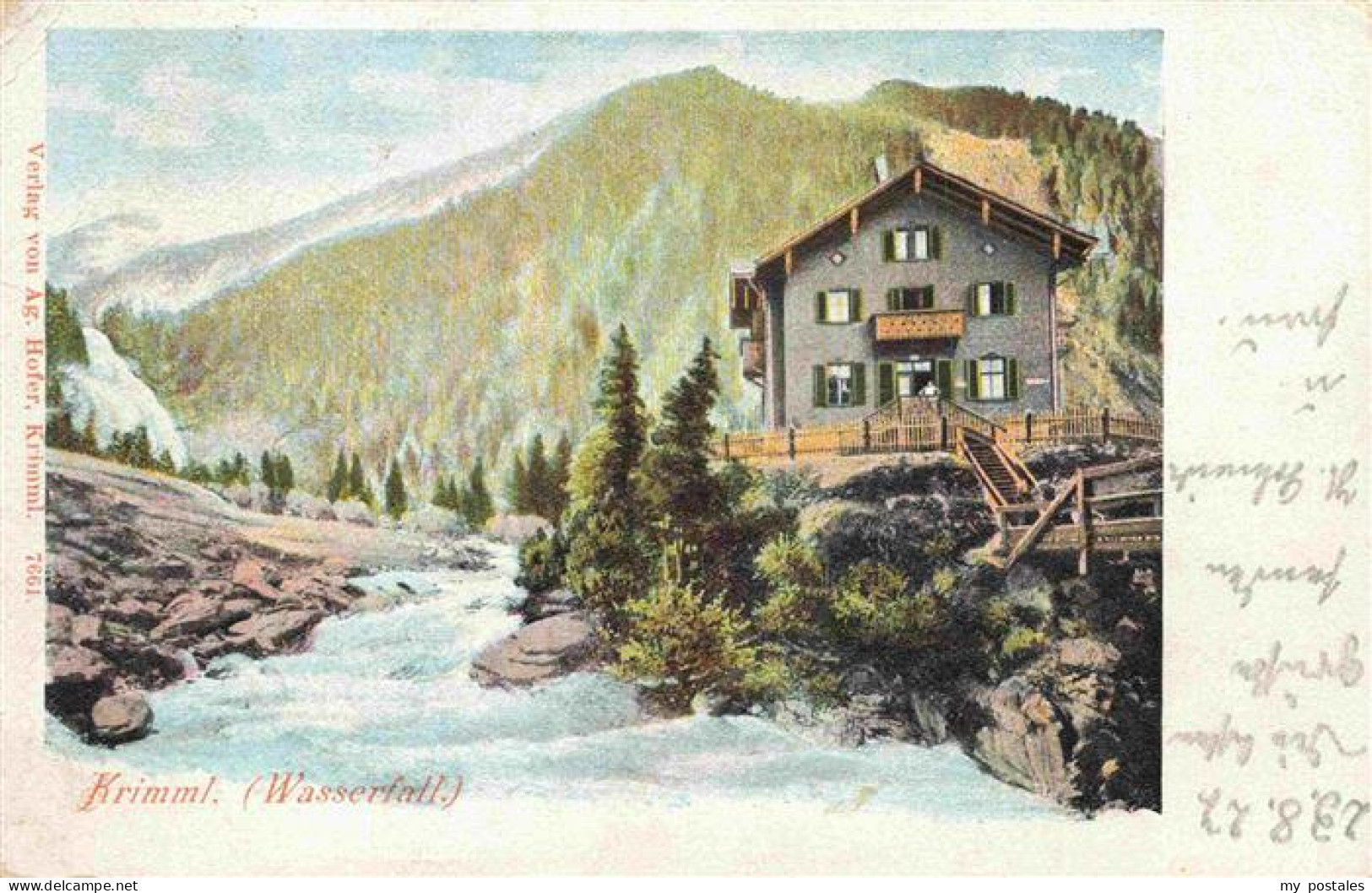 73972574 Krimml_1076m_Pinzgau_AT Wasserfall Berggasthaus Unterkunftshaus Litho - Autres & Non Classés