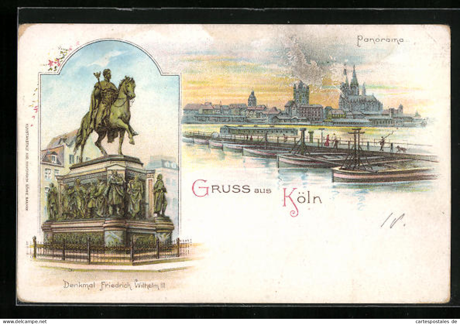Lithographie Köln, Rheinpartie, Denkmal Friedrich Wilhelm III  - Koeln