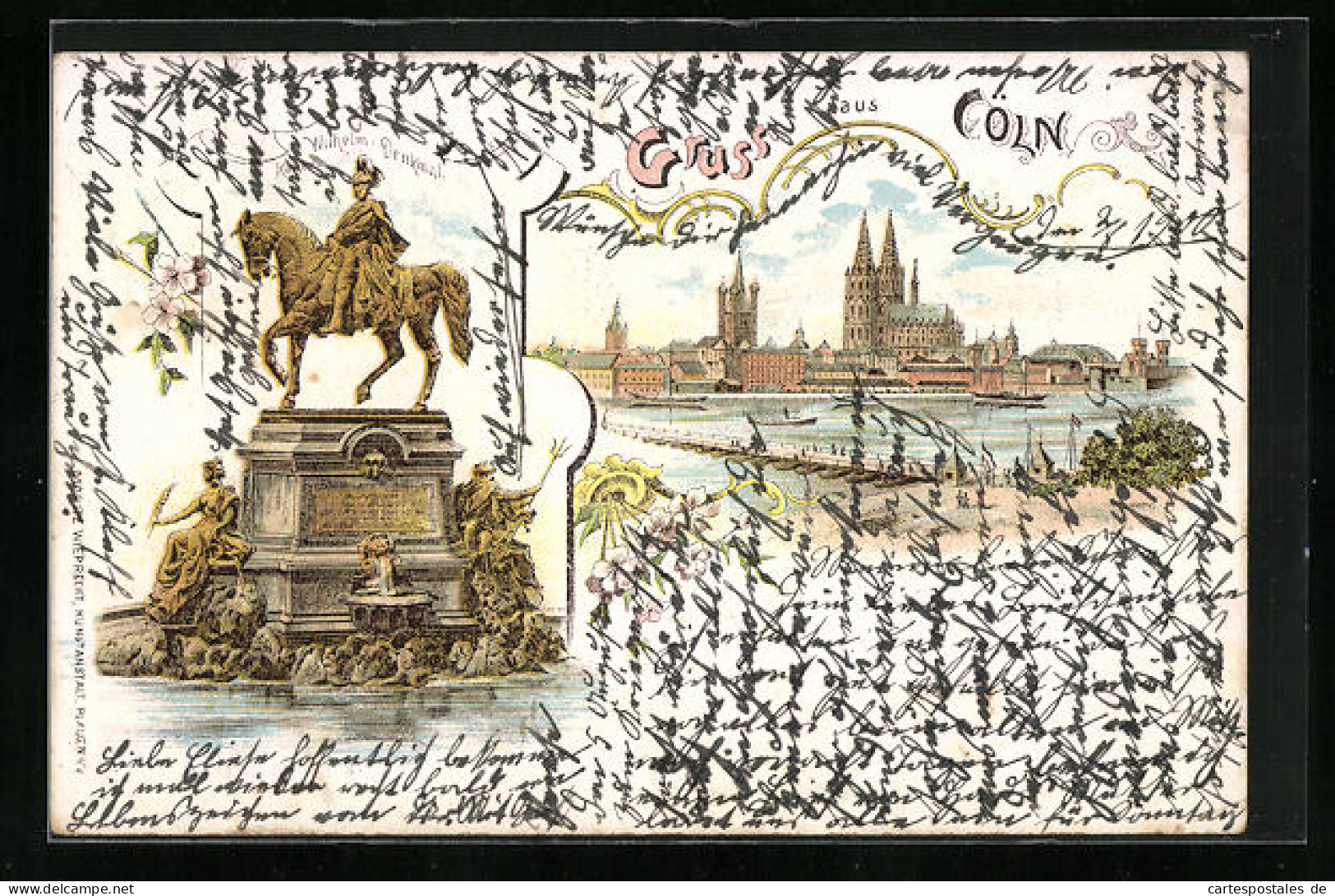 Lithographie Köln-Neustadt, Kaiser-Wilhelm-Denkmal, Rheinpartie  - Koeln