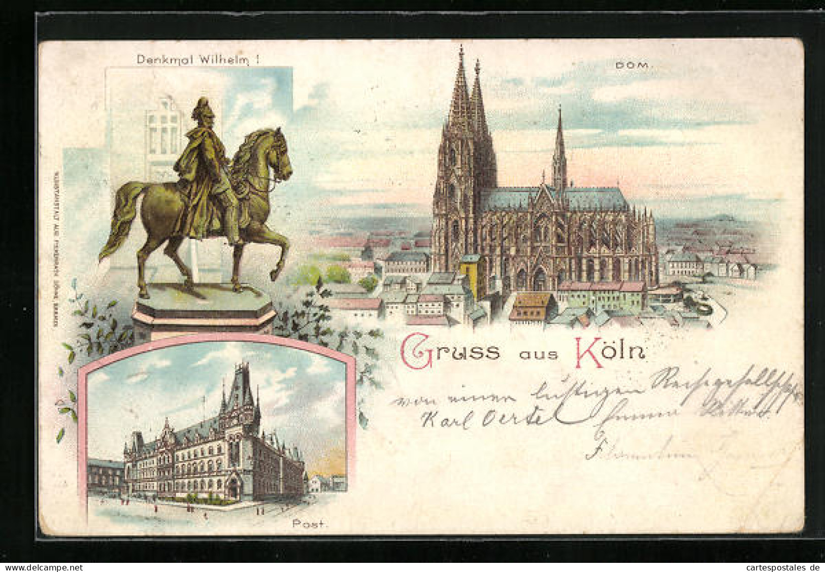 Lithographie Köln, Denkmal Wilhelm I, Post Und Dom  - Koeln