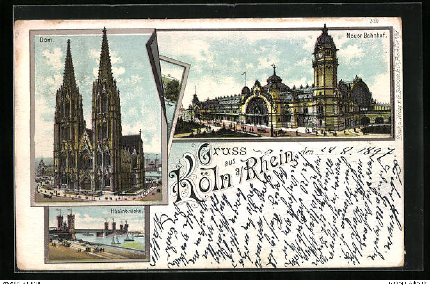 Lithographie Köln A. Rhein, Dom, Neuer Bahnhof, Rheinbrücke  - Koeln