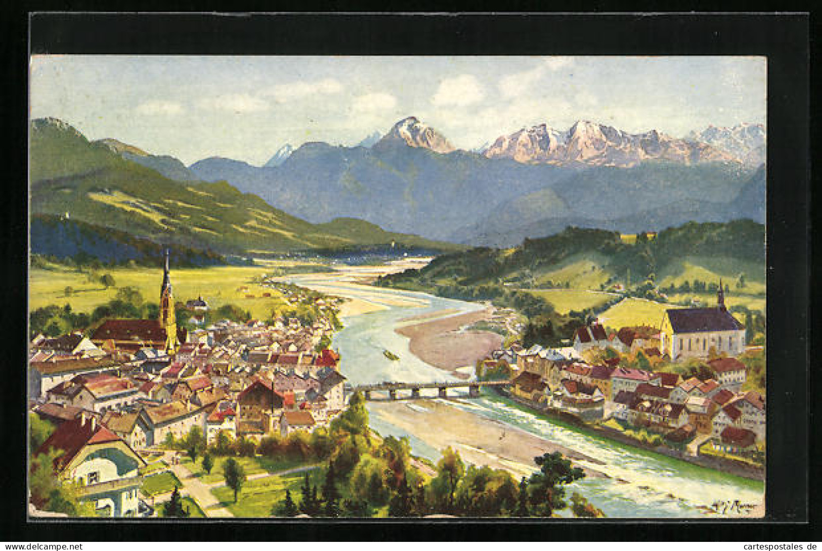 Künstler-AK Bad Tölz, Ortsansicht Mit Berglandschaft  - Bad Toelz