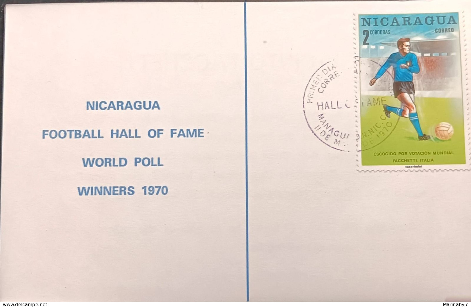 D)1970, NICARAGUA, POSTCARD, ISSUE, FOOTBALL, WORLD CHAMPIONSHIP, MEXICO'70, HISTORICAL PLAYERS, FACCHETTI, ITALY, XF - Nicaragua