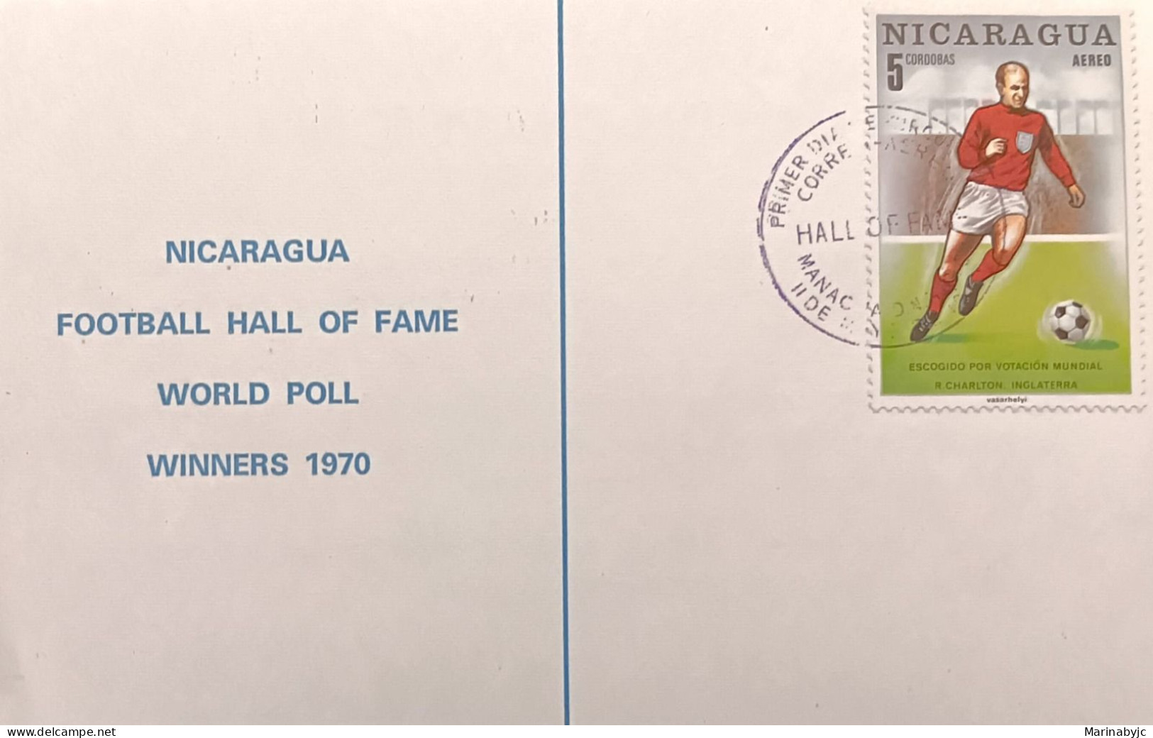 D)1970, NICARAGUA, POSTCARD, ISSUE, FOOTBALL, WORLD CHAMPIONSHIP, MEXICO'70, HISTORICAL PLAYERS, CHARLTON, ENGLAND, XF - Nicaragua