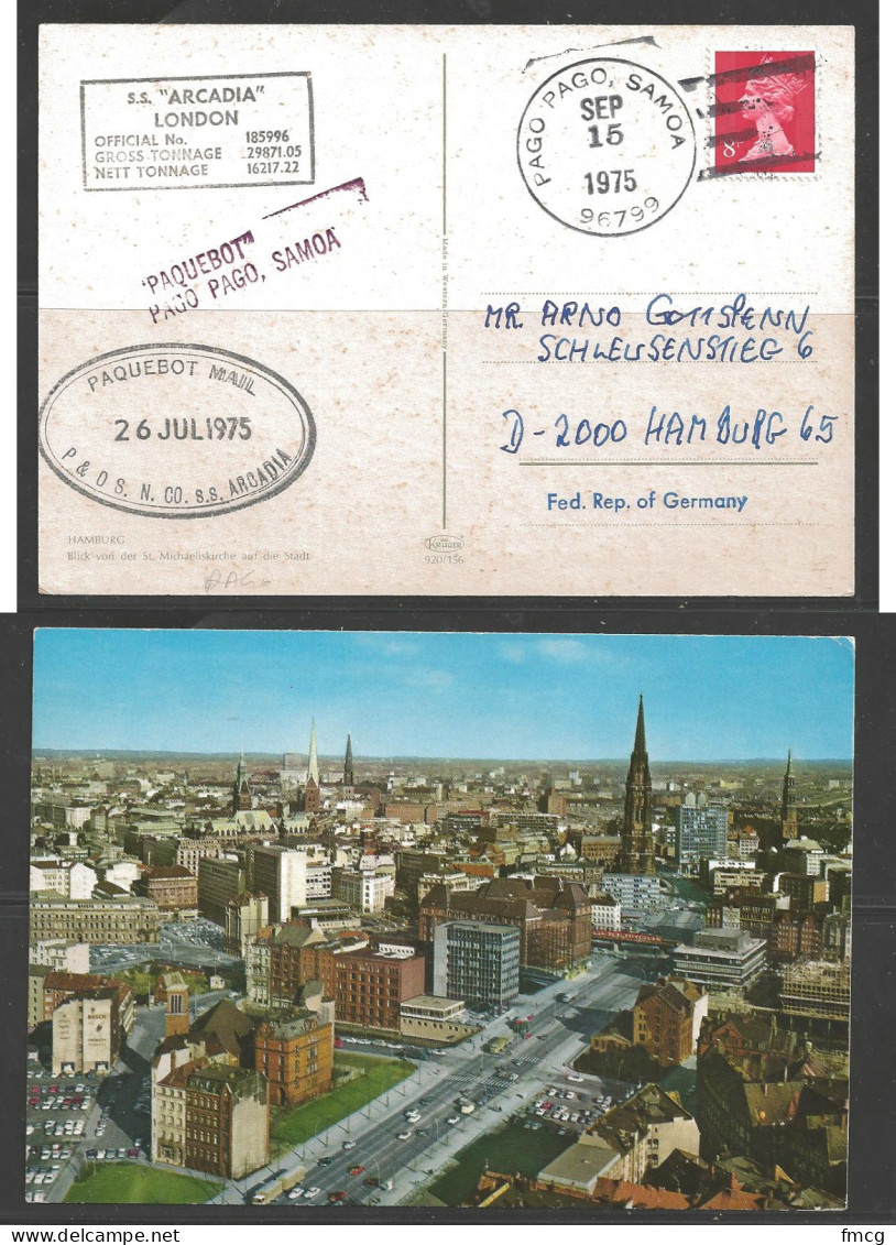 1975 Pago Pago, AS Paquebot Marking On Hamburg Postcard, British Stamp - Cartas & Documentos