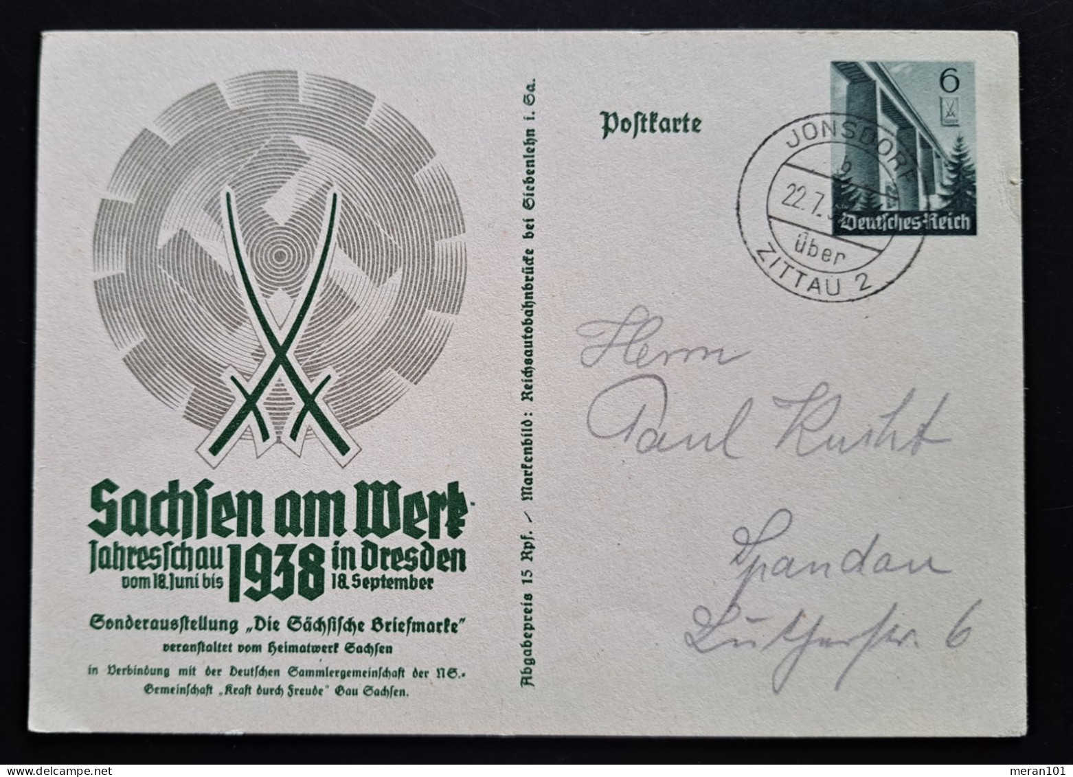Deutsches Reich 1938, Postkarte P270 JOHNSDORF ZITTAU Tagesstempel - Cartes Postales