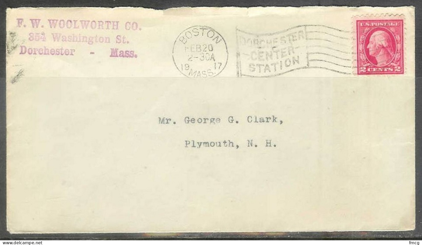 1917 Boston Mass (Feb 20) Dochester Center Station Flag Cancel Corner Card - Storia Postale