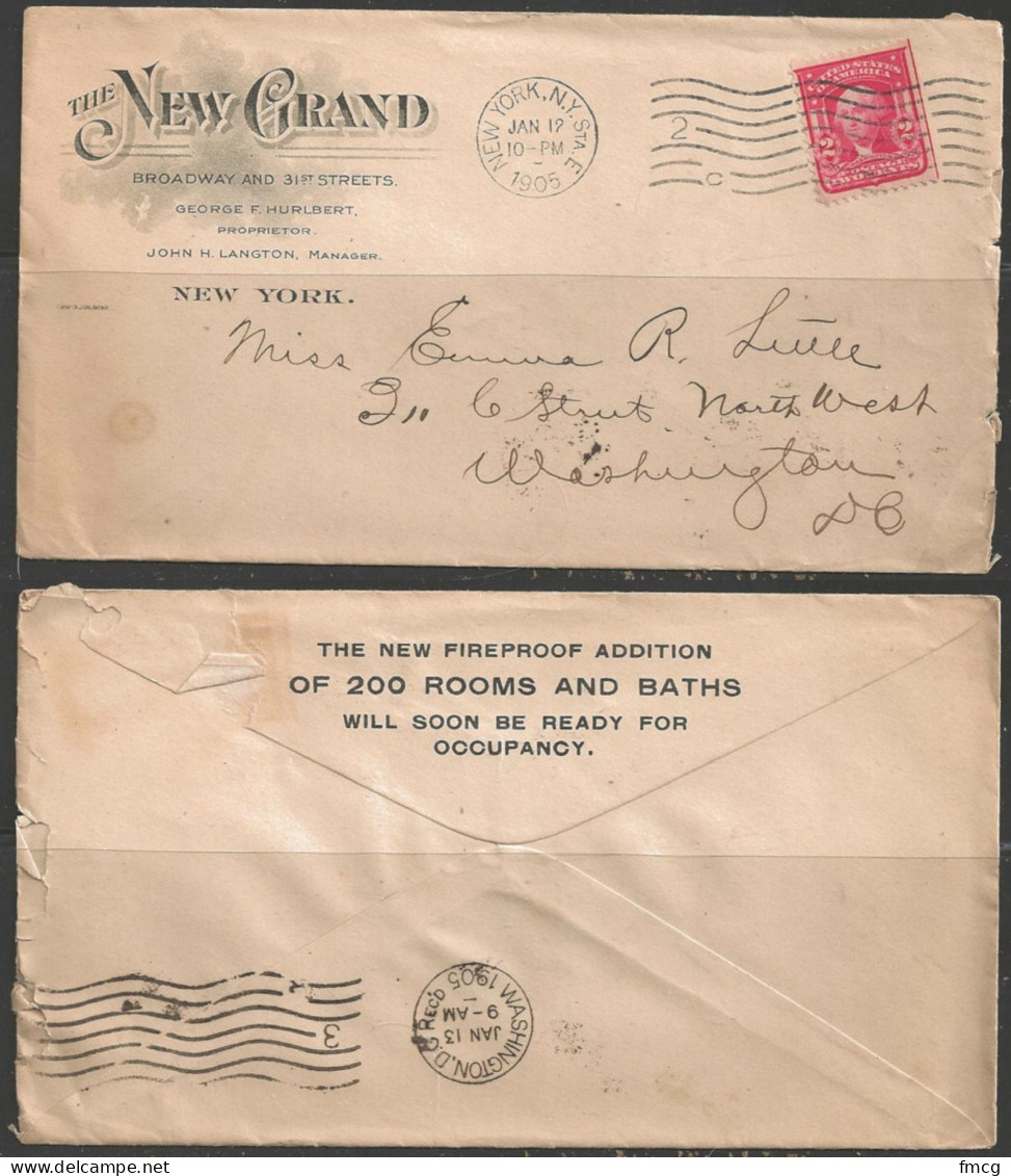 1905 New York "2" (Jan 12) Fancy New Grand Hotel Corner Card - Brieven En Documenten