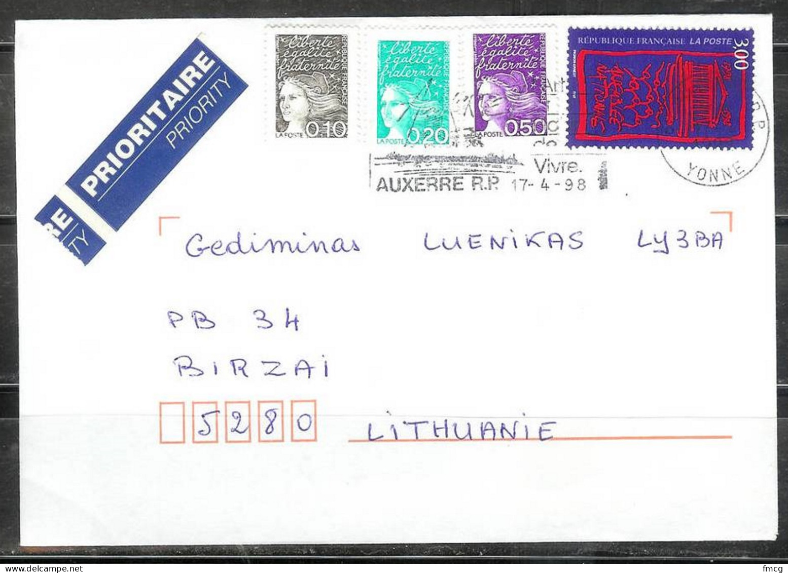  1998 National Assembly, Auxerre (17-4-98) To Lithuania - Storia Postale