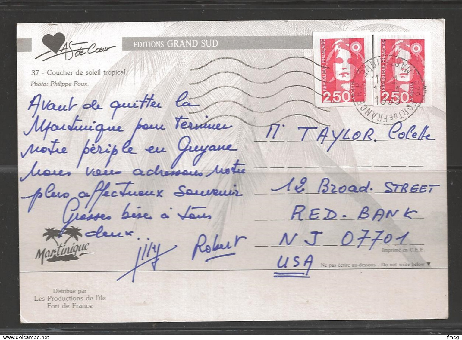 Martinique 1993 -2.50fr Marianne, Picture Postcard Fort De France (18-1-93)  - Covers & Documents