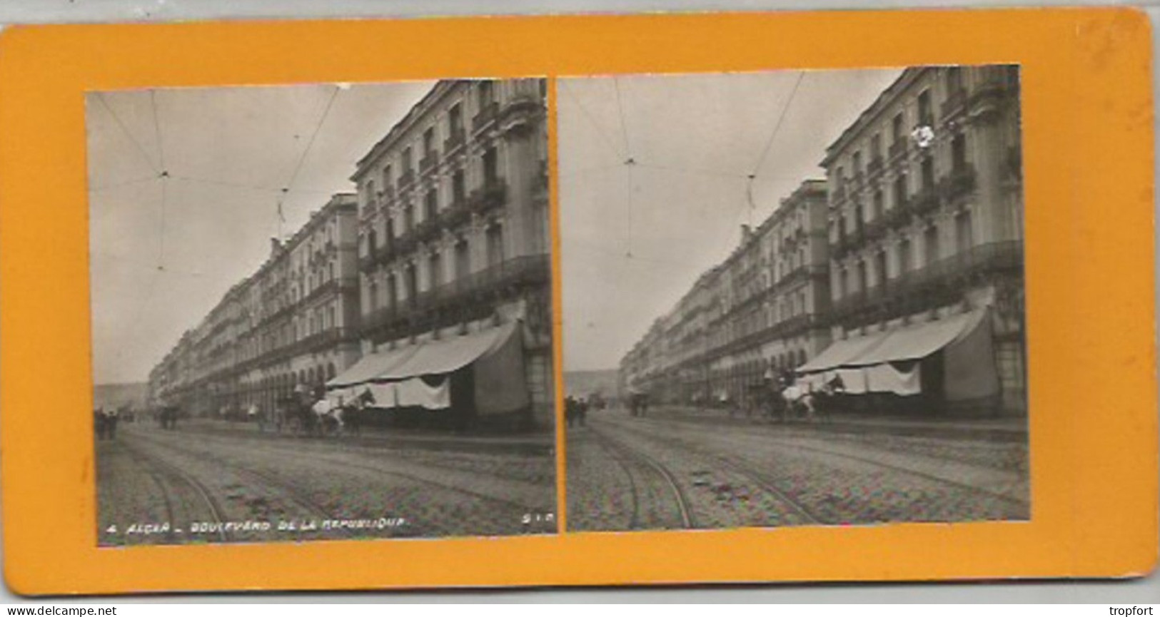 RU // Vintage // Photo Stéréoscopique Algérie ALGER Boulevard De La République // Calèche Rail Tramway Commerces - Stereoscopio