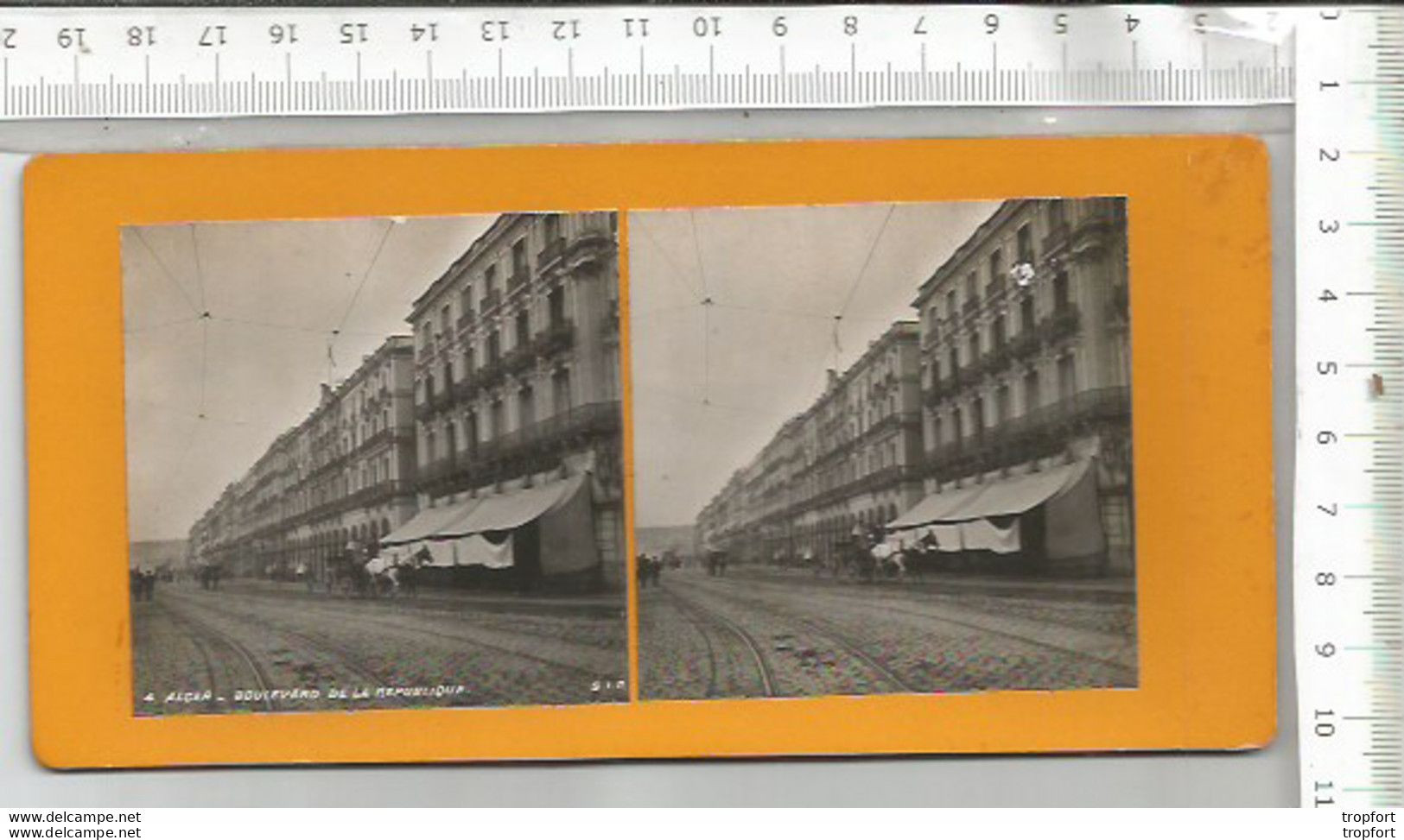 RU // Vintage // Photo Stéréoscopique Algérie ALGER Boulevard De La République // Calèche Rail Tramway Commerces - Stereoscopio