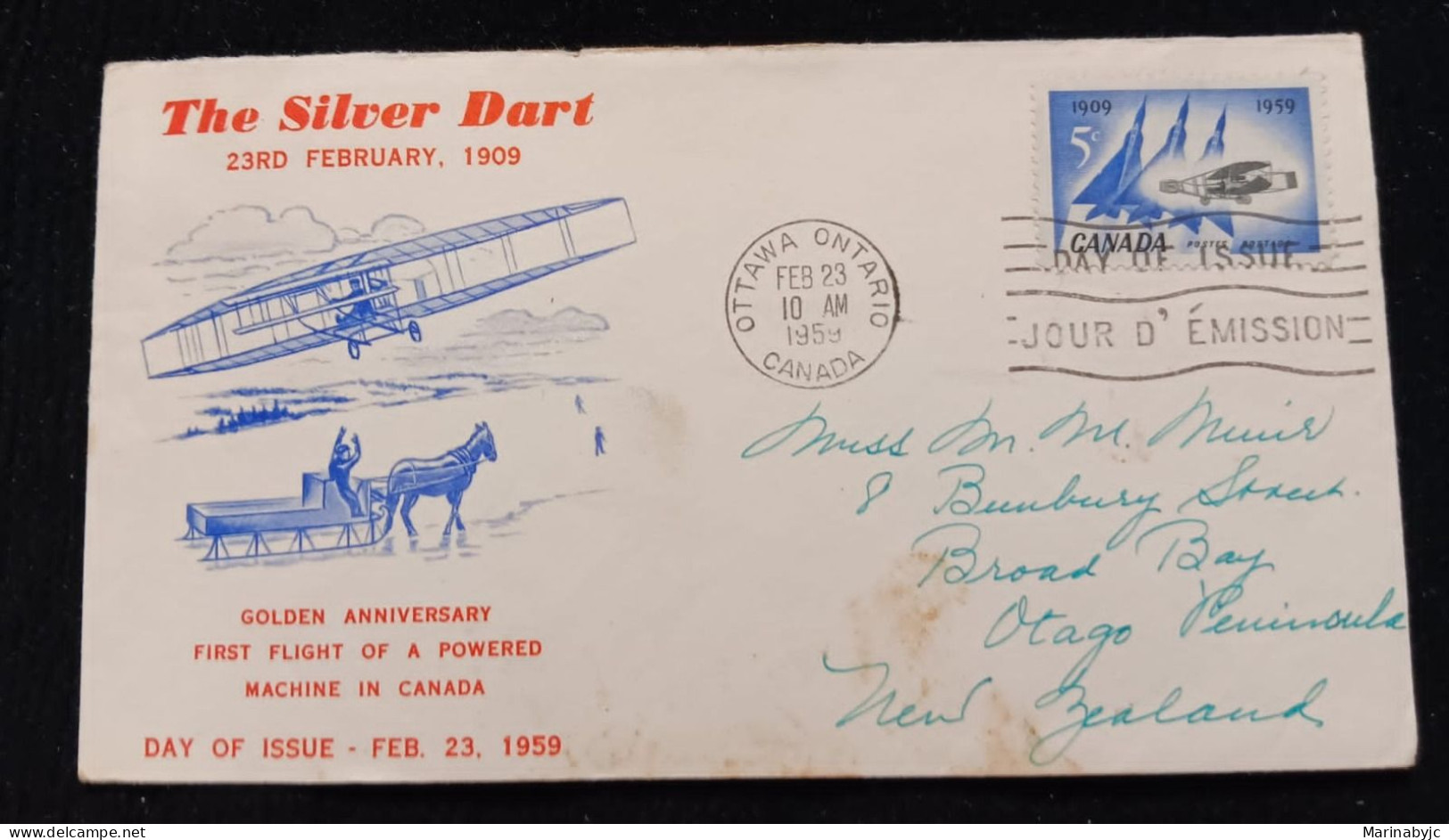 D)1959, CANADA, FIRST DAY COVER, ISSUE, 50TH ANNIVERSARY OF THE FIRST PLANE IN FLIGHT IN CANADA BY J.A.D. CURDY, SILVER - Other & Unclassified