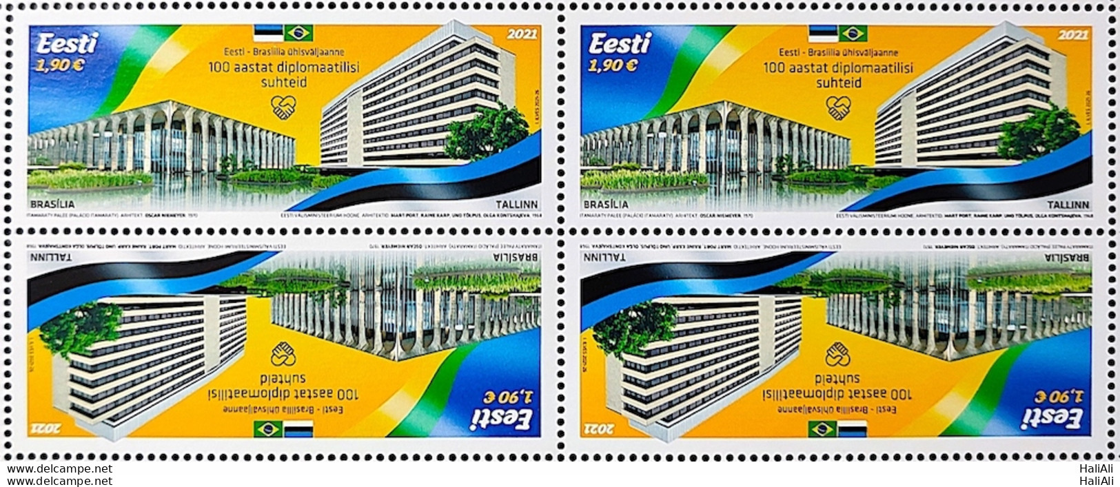 Stamp Estonia Diplomatic Relations Brasilia Talin 2021 Block Of 4 - Estonie