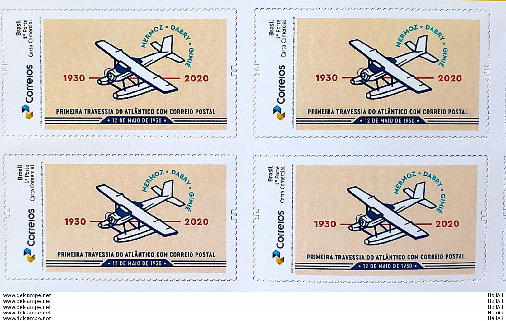 PB 193 Brazil Personalized Stamp 90 Years First Atlantic Crossing With Postal Mail Airplane 2021 Block Of 4 - Sellos Personalizados