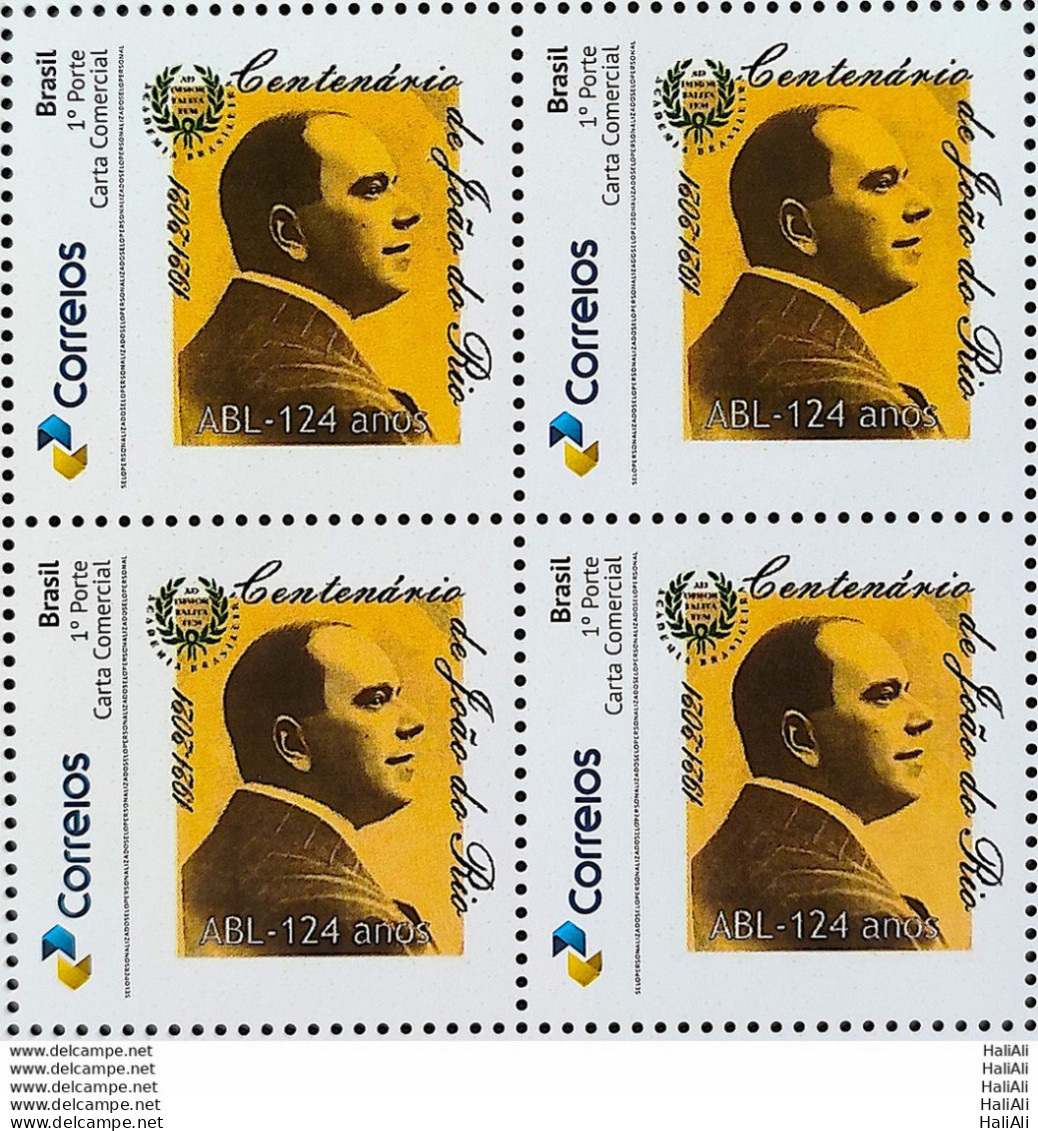 PB 194 Brazil Personalized Stamp ABL 124 Years Journalist Joao Do Rio 2021 Block Of 4 - Personnalisés