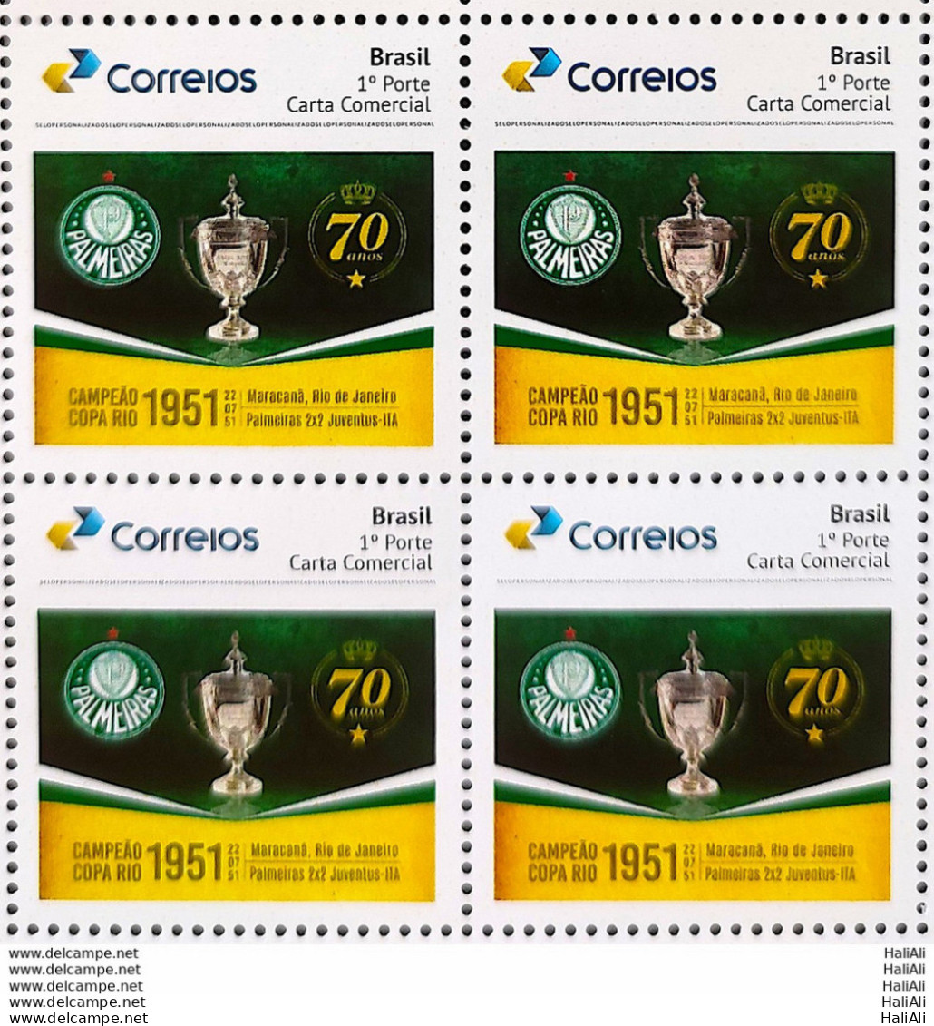 PB 192 Brazil Personalized Stamp Palmeiras 70 Years World Title 1951 Soccer Football 2021 Block Of 4 - Personnalisés