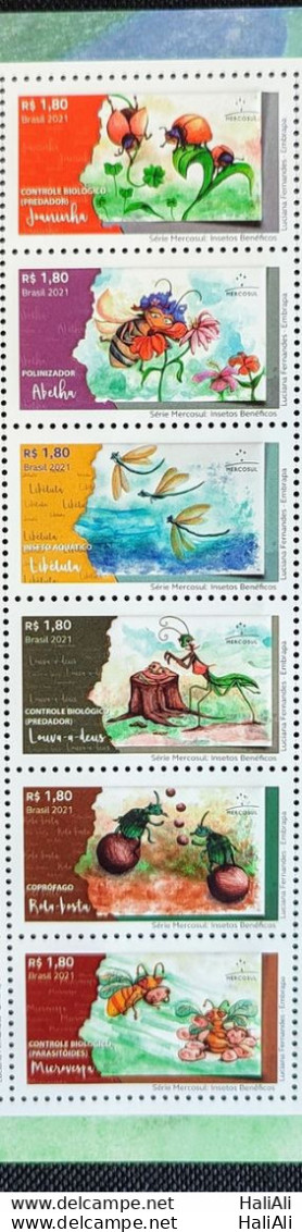 C 4030 Brazil Stamp Beneficial Insects Bee Dragonfly Mantis Scroll Dust Microwaspa Ladybug Mercosul 2021 Complete Series - Unused Stamps