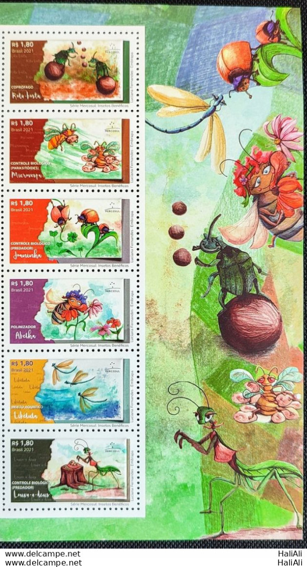 C 4028 Brazil Stamp Beneficial Insects Bee Dragonfly Mantis Scroll Dust Microwaspa Ladybug Mercosul 2021 With Vignette - Ungebraucht