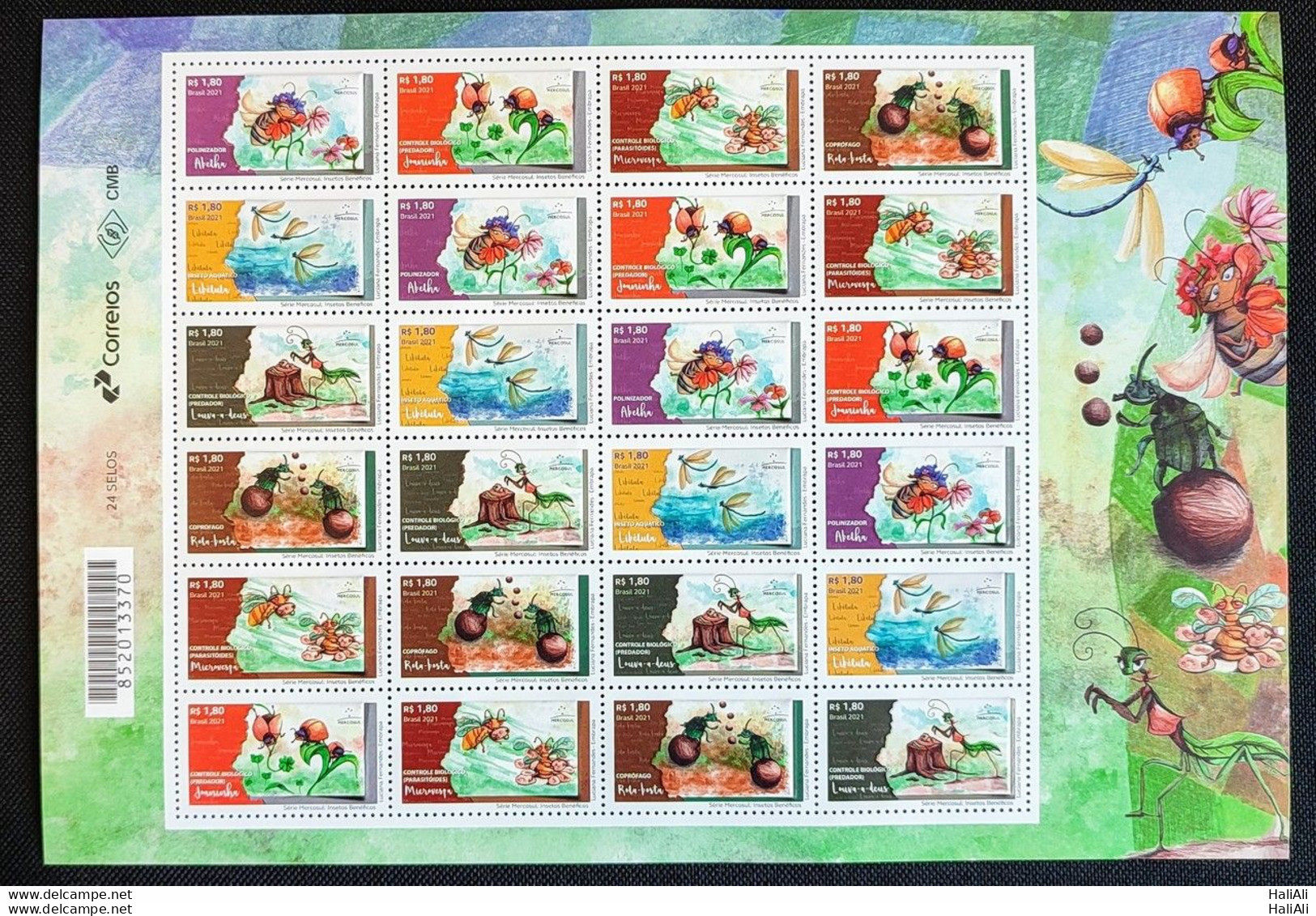 C 4025 Brazil Stamp Beneficial Insects Bee Dragonfly Mantis Scroll Dust Microwaspa Ladybug Mercosul 2021 Sheet - Ungebraucht