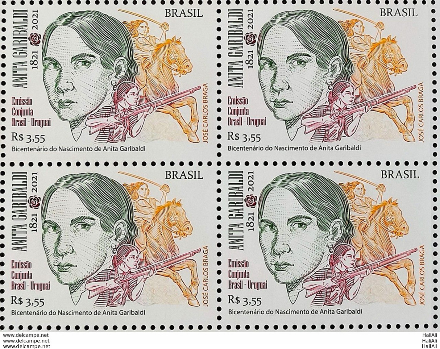 C 4003 200 Years Of The Birth Of Anita Garibaldi, Horse, Weapon 2021 Block Of 4 - Unused Stamps