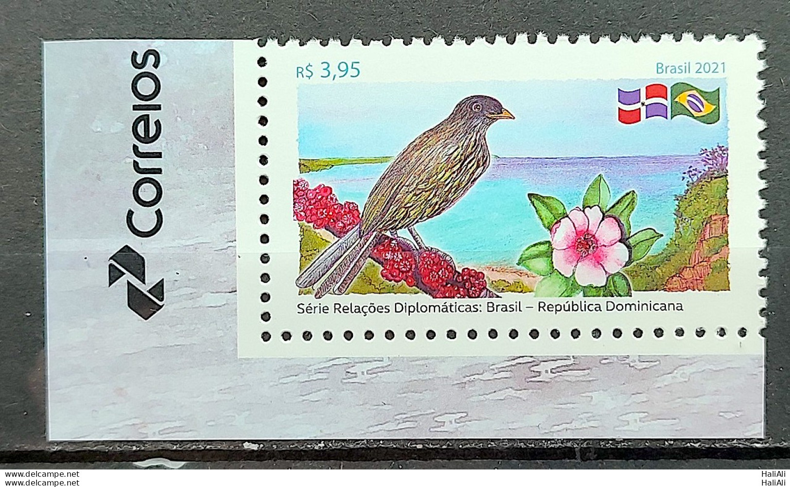 C 3985 Brazil Stamp Diplomatic Relations Brazil Dominican Republic Bird Flag Flower 2021 Vignette Post - Ongebruikt