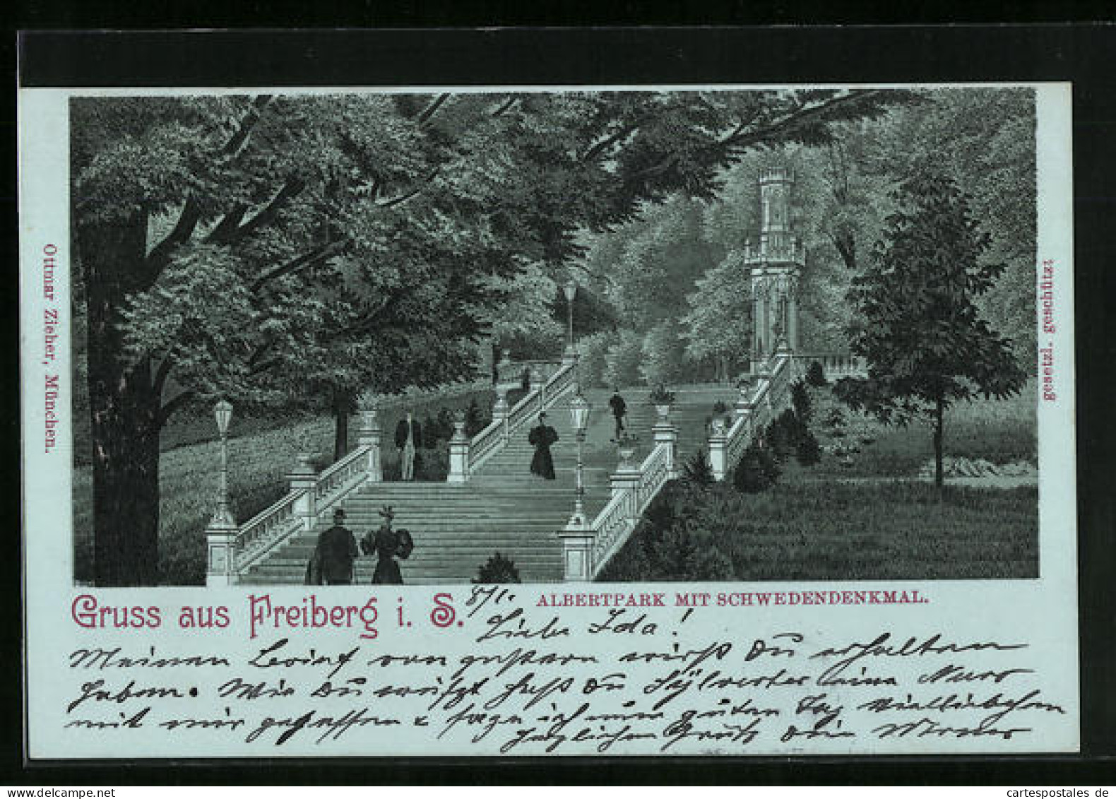 Mondschein-Lithographie Freiberg I. S., Albertpark Mit Schwedendenkmal  - Freiberg (Sachsen)