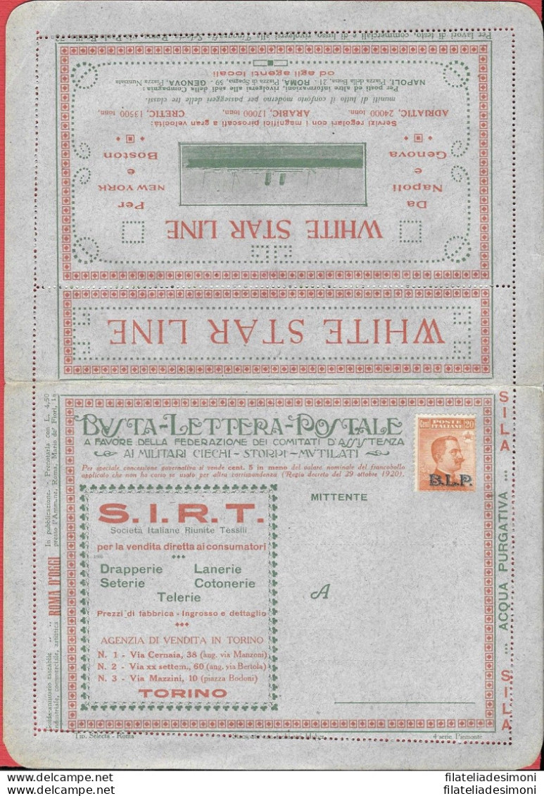 1922-23 REGNO, BLP N° 7  20 Cent. Arancio BUSTA SPECIALE NUOVA COMPLETA - Zegels Voor Reclameomslagen (BLP)