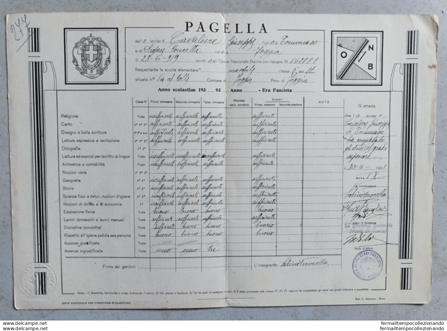 Bs21 Foggia Pagella Fascista Ministero Dell'educazione Nazionale Anni 30 - Diplômes & Bulletins Scolaires