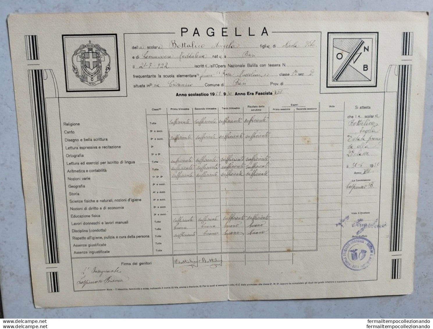 Bs43 Bari Pagella Fascista Ministero Dell'educazione Nazionale - Diploma & School Reports