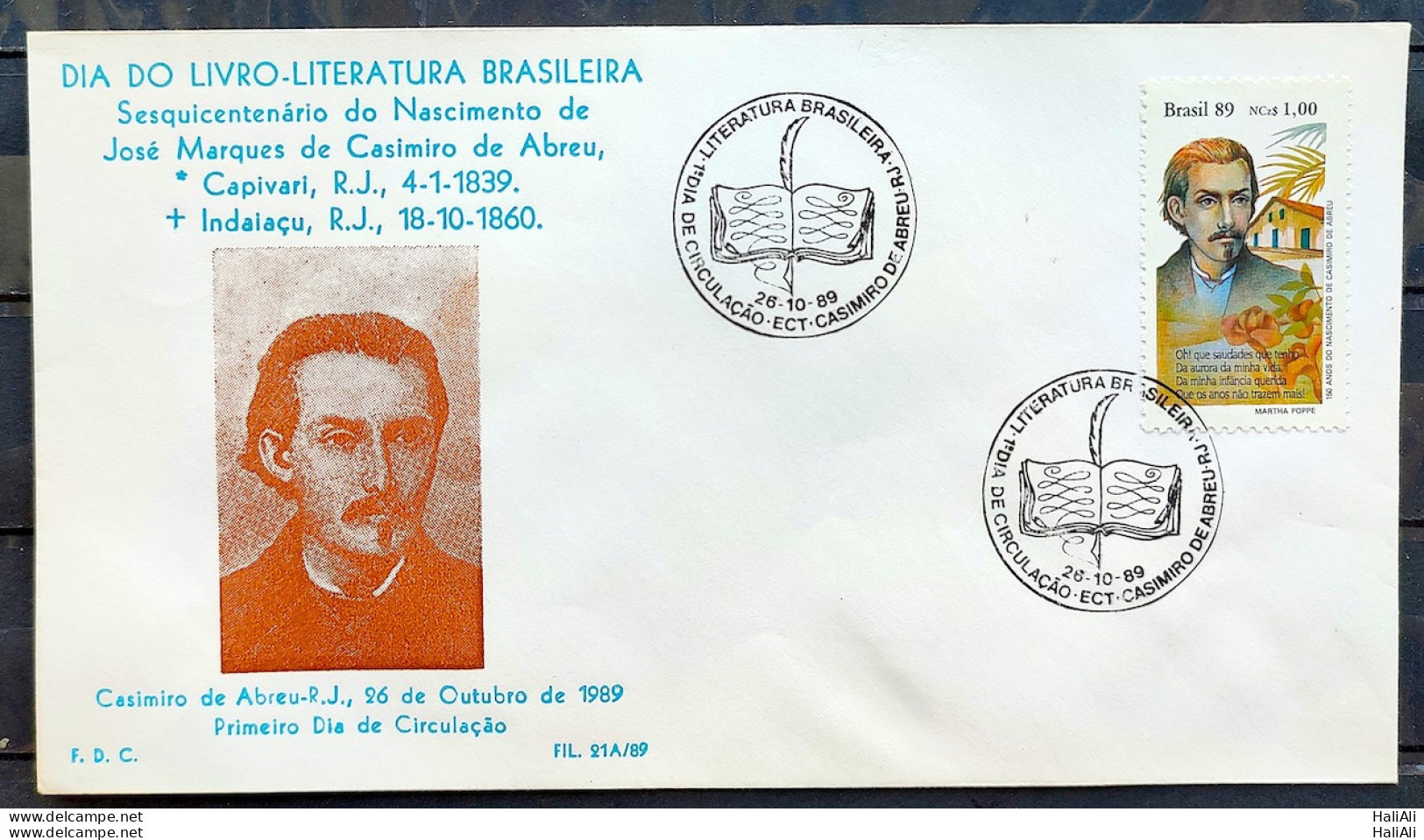 Brazil Envelope PVT 21A 1989 Writers Casimiro De Abreu Literature CBC RJ 01 - FDC