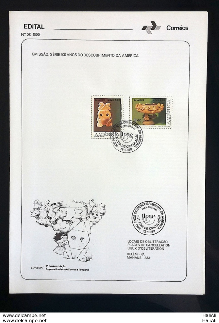 Brochure Brazil Edital 1989 20 Discovery Of America Upaep With Stamp CBC AM Manaus - Lettres & Documents