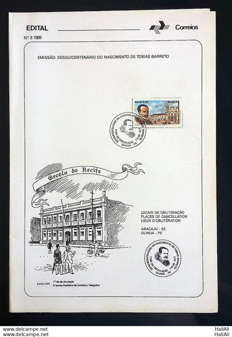 Brochure Brazil Edital 1989 09 Tobias Barreto Literature With Stamp CBC Pe Olinda - Lettres & Documents