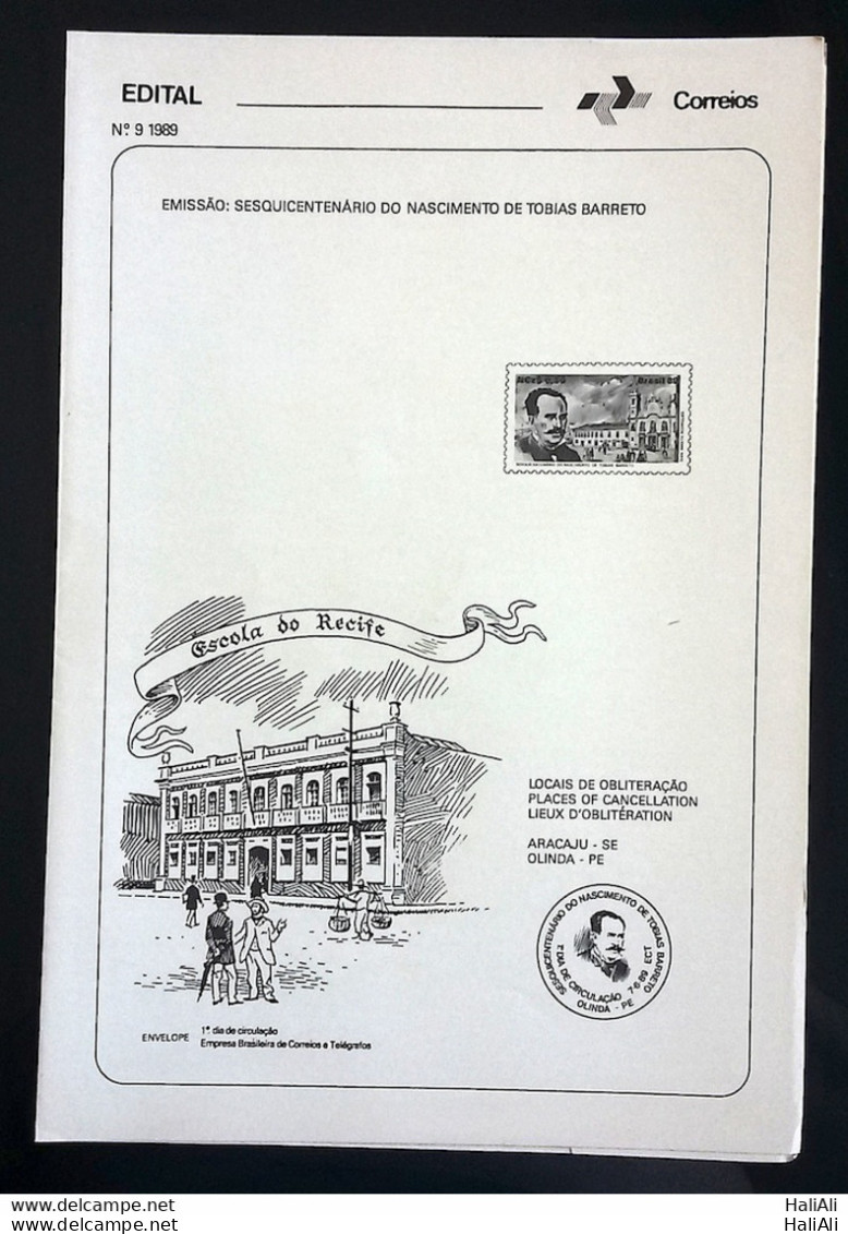 Brochure Brazil Edital 1989 09 Tobias Barreto Literature Without Stamp - Lettres & Documents