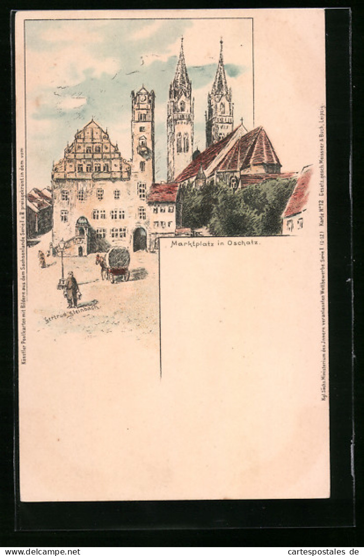 Lithographie Oschatz, Marktplatz Mit Kirche Und Planwagen  - Oschatz